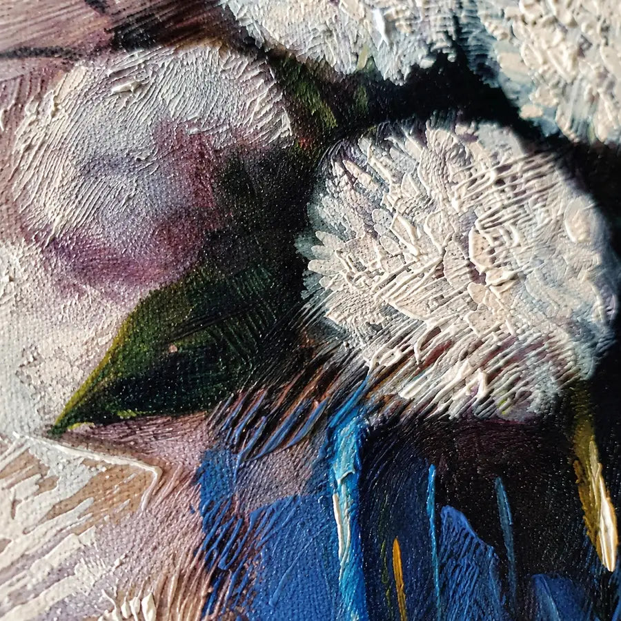 Detalle textura óleo bodegón pintado a mano 50×60 cm jarrón azul