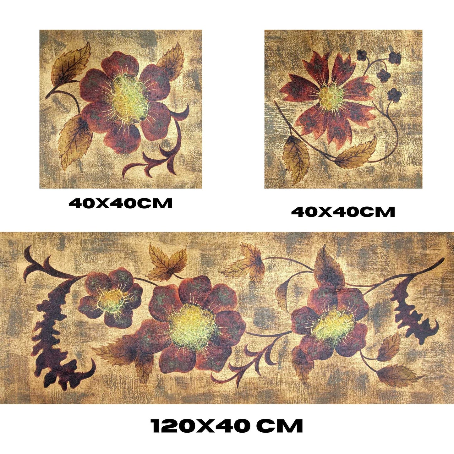 Cuadro Triptico Decoracion Oro Flor 200x40 cm