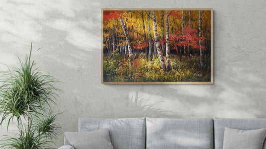 Cuadro al óleo de paisaje natural pintado a mano decorando un salón moderno