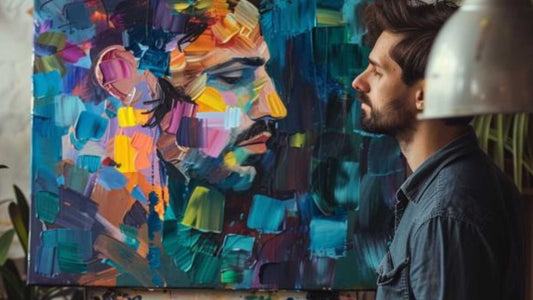 Retrato abstracto al óleo con formas y colores expresivos pintado a mano sobre lienzo