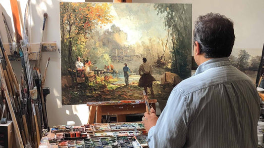 Lienzo de pintura al óleo con textura y capas de color que revelan el proceso artístico