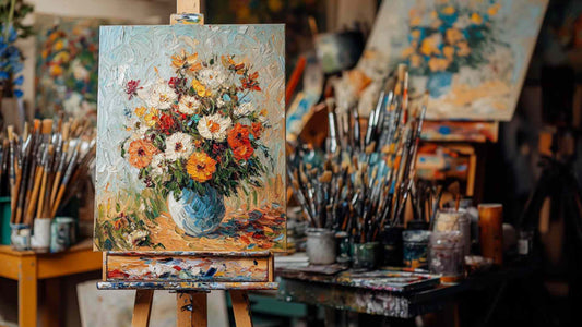 Pintor al óleo trabajando en su estudio con lienzos y pinceles sobre la mesa