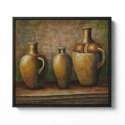 Cuadro bodegón tres jarrones al óleo pintado a mano sobre lienzo 60x50 cm tonos tierra y dorados con marco negro