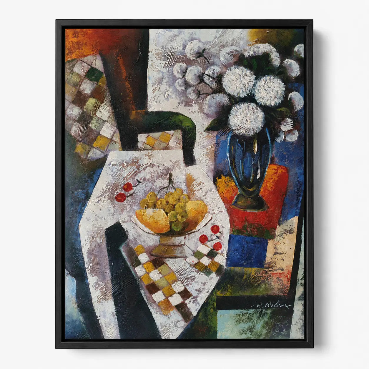 Bodegón al óleo pintado a mano 50×60 cm con flores blancas y frutas, marco negro