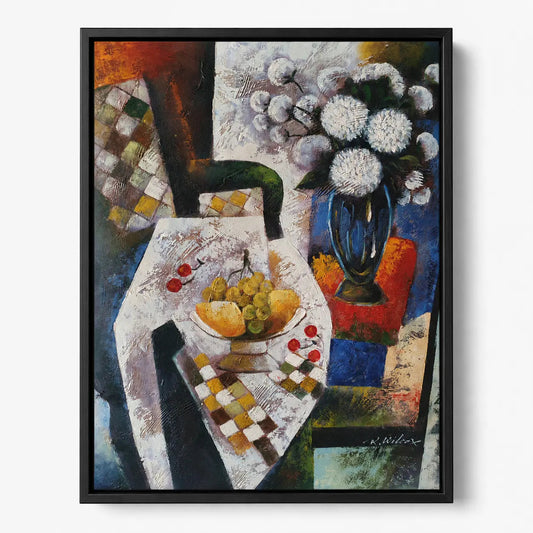 Bodegón al óleo pintado a mano 50×60 cm con flores blancas y frutas, marco negro