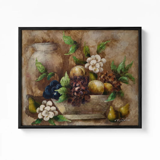 Cuadro bodegón con frutas y jarra al óleo pintado a mano 60x50 cm, tonos tierra, con marco flotante negro