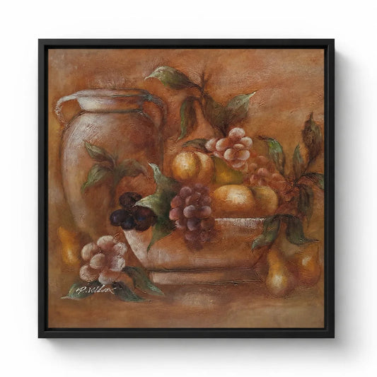 Cuadro bodegón pintado a mano al óleo sobre lienzo 60x50 cm con jarra cerámica uvas y peras tonos tierra y ocres