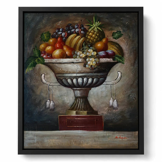 Cuadro bodegón con copa de frutas al óleo pintado a mano 60x50 cm, tonos ocre y granate, sin marco