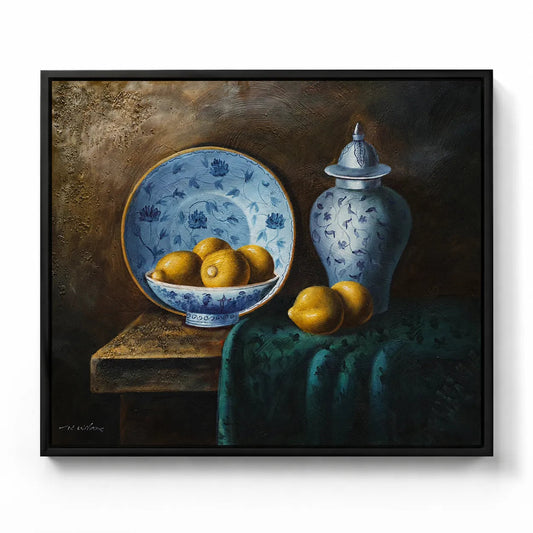 Cuadro bodegón con limones y cerámica azul al óleo pintado a mano 60x50 cm, tonos amarillo y azul, sin marco