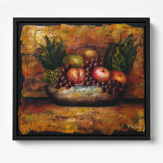 Cuadro bodegón de frutas al óleo pintado a mano 60x50 cm, tonos dorados y tierra, sin marco, sobre lienzo