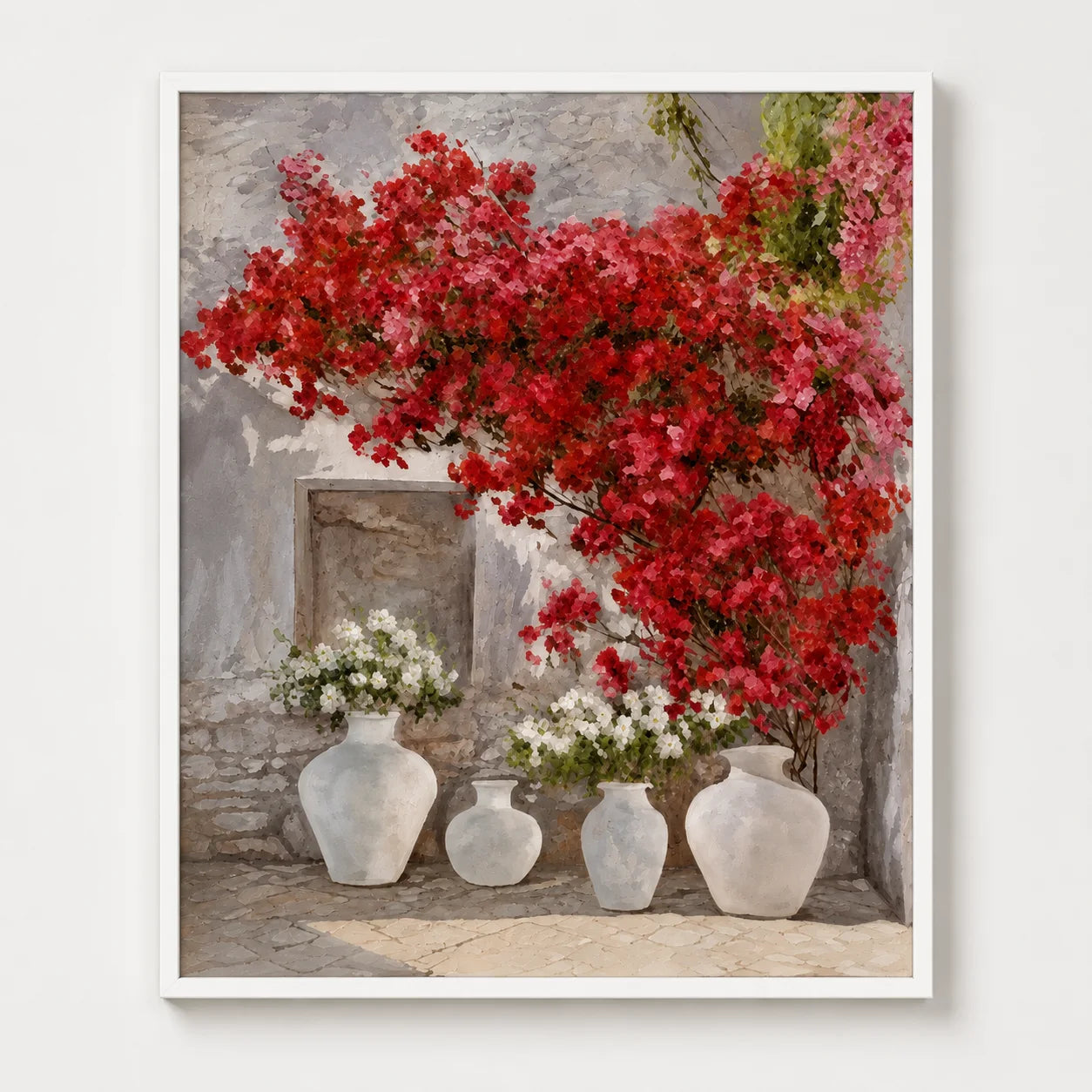 Buganvillas Rojas Mediterráneas – Pintura al Óleo Hecha a Mano 82x102 cm