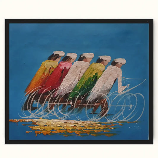 Hand-painted oil painting of cyclists 60 × 50 cm