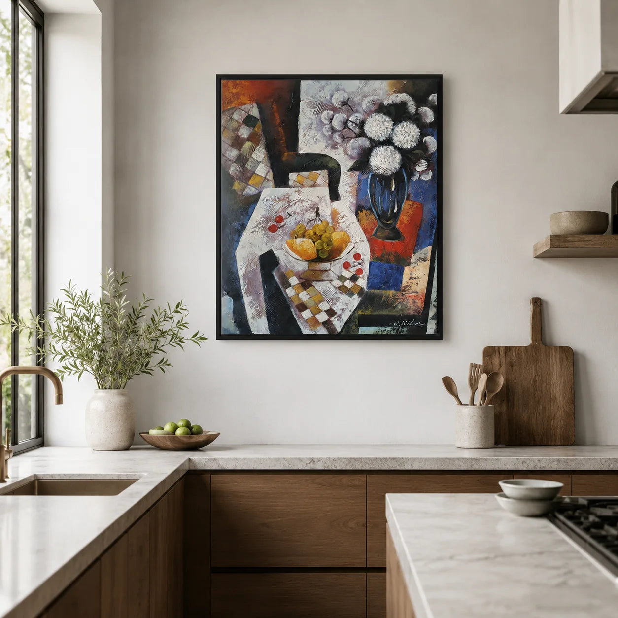 Cuadro bodegón óleo 50×60 cm en cocina moderna con marco negro