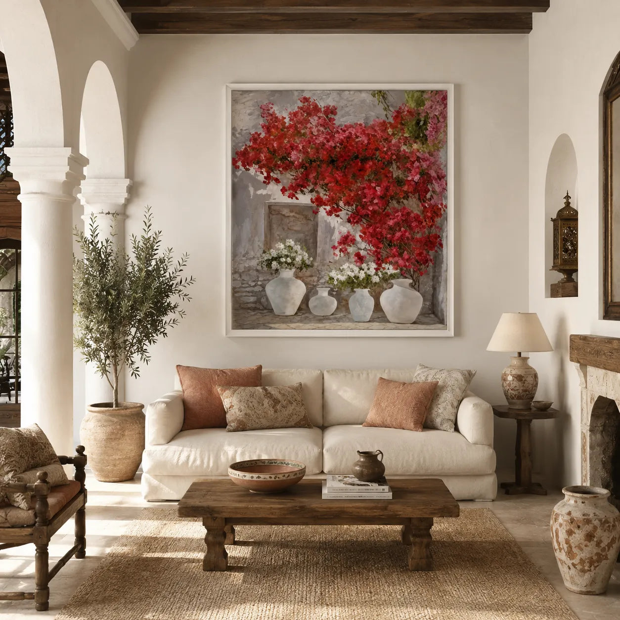Buganvillas Rojas Mediterráneas – Pintura al Óleo Hecha a Mano 82x102 cm