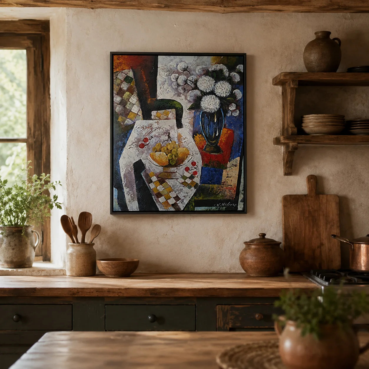 Cuadro bodegón óleo 50×60 cm en cocina rústica con marco negro