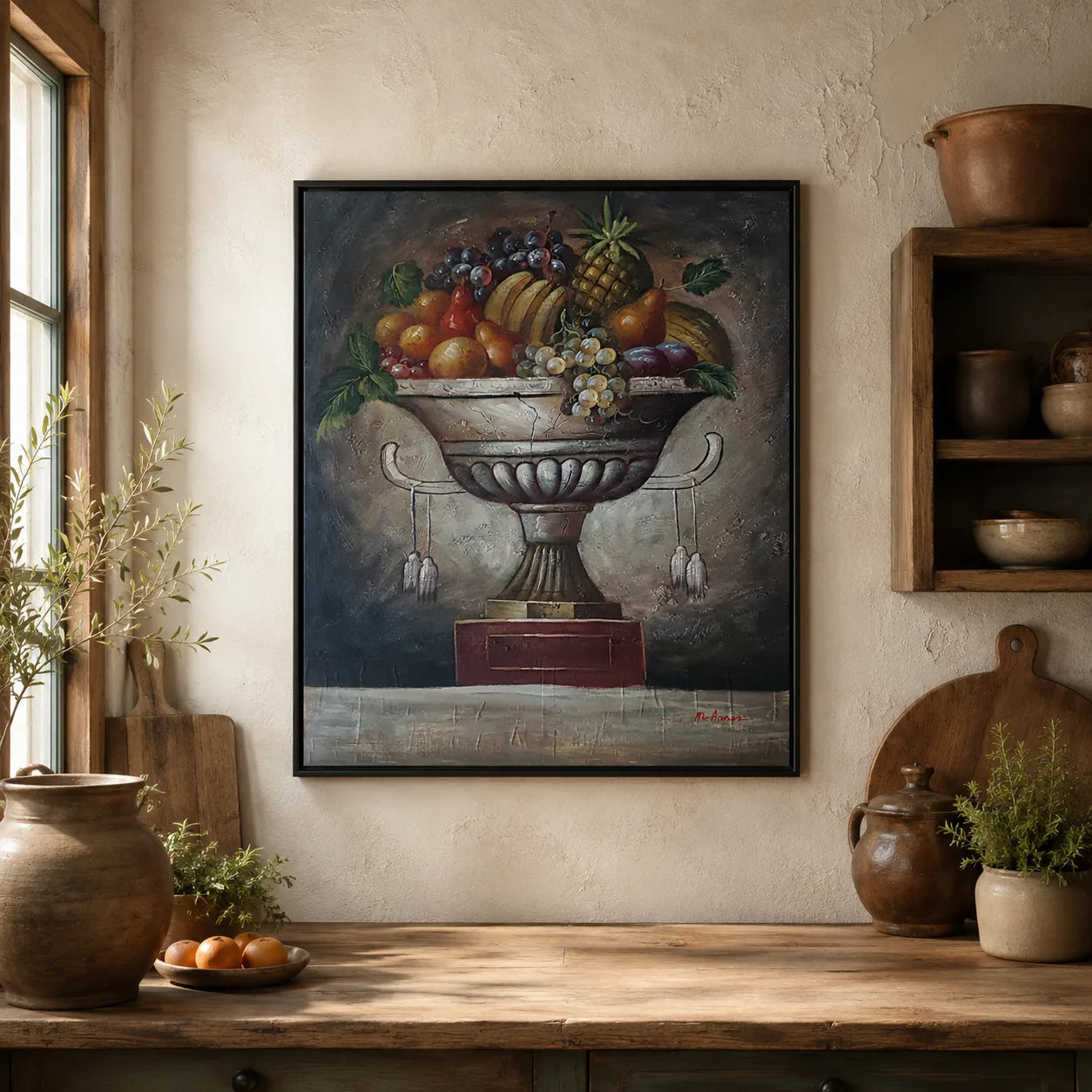 Cuadro bodegón copa de frutas al óleo 60x50 cm en cocina rústica