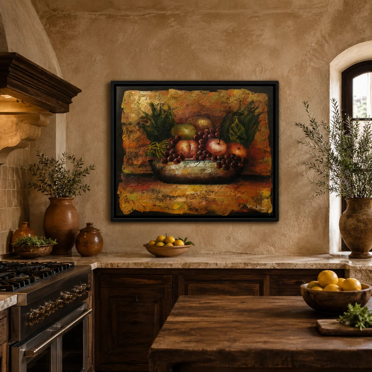 Cuadro bodegón frutas al óleo 60x50 cm en cocina rústica