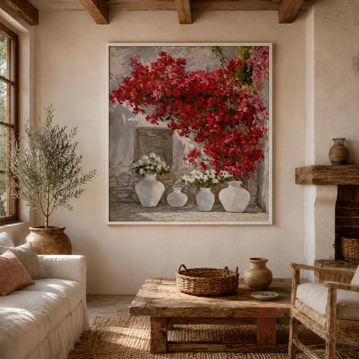 Buganvillas Rojas Mediterráneas – Pintura al Óleo Hecha a Mano 82x102 cm