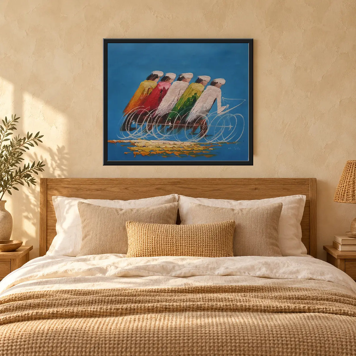 Cuadro de ciclistas al óleo pintado a mano 60 × 50 cm