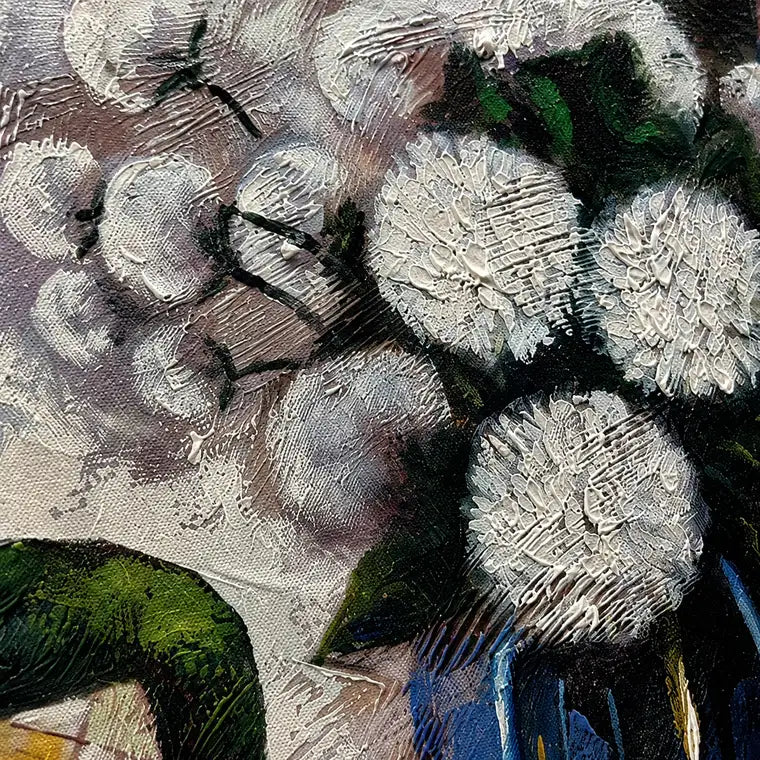 Detalle textura óleo bodegón pintado a mano 50×60 cm flores blancas