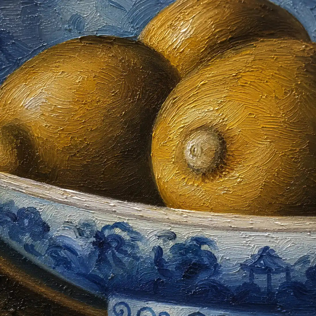 Detalle textura bodegón limones al óleo pintado a mano, cuenco cerámica azul y blanca
