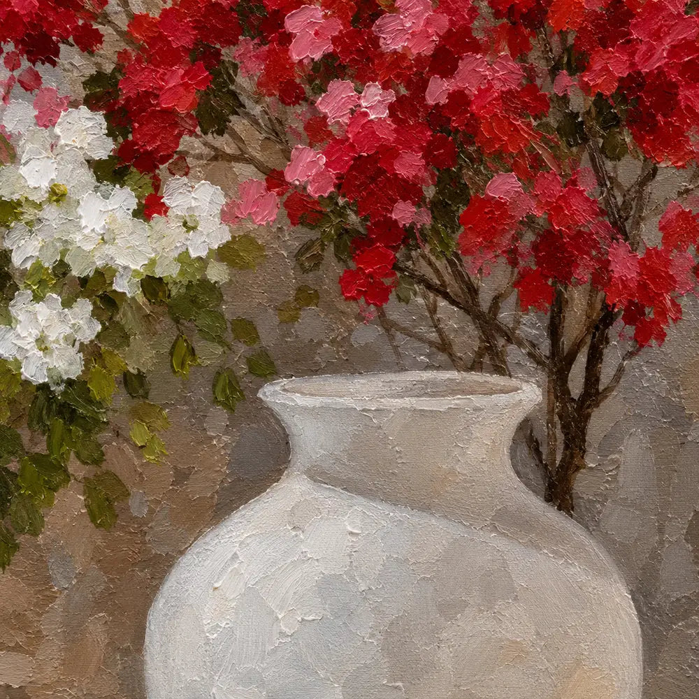 Buganvillas Rojas Mediterráneas – Pintura al Óleo Hecha a Mano 82x102 cm