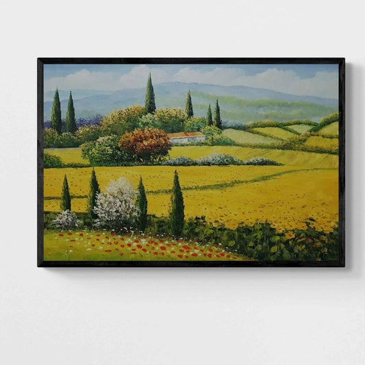 Cuadro al óleo Campos de Girasoles en la Toscana pintado a mano 90x60 cm