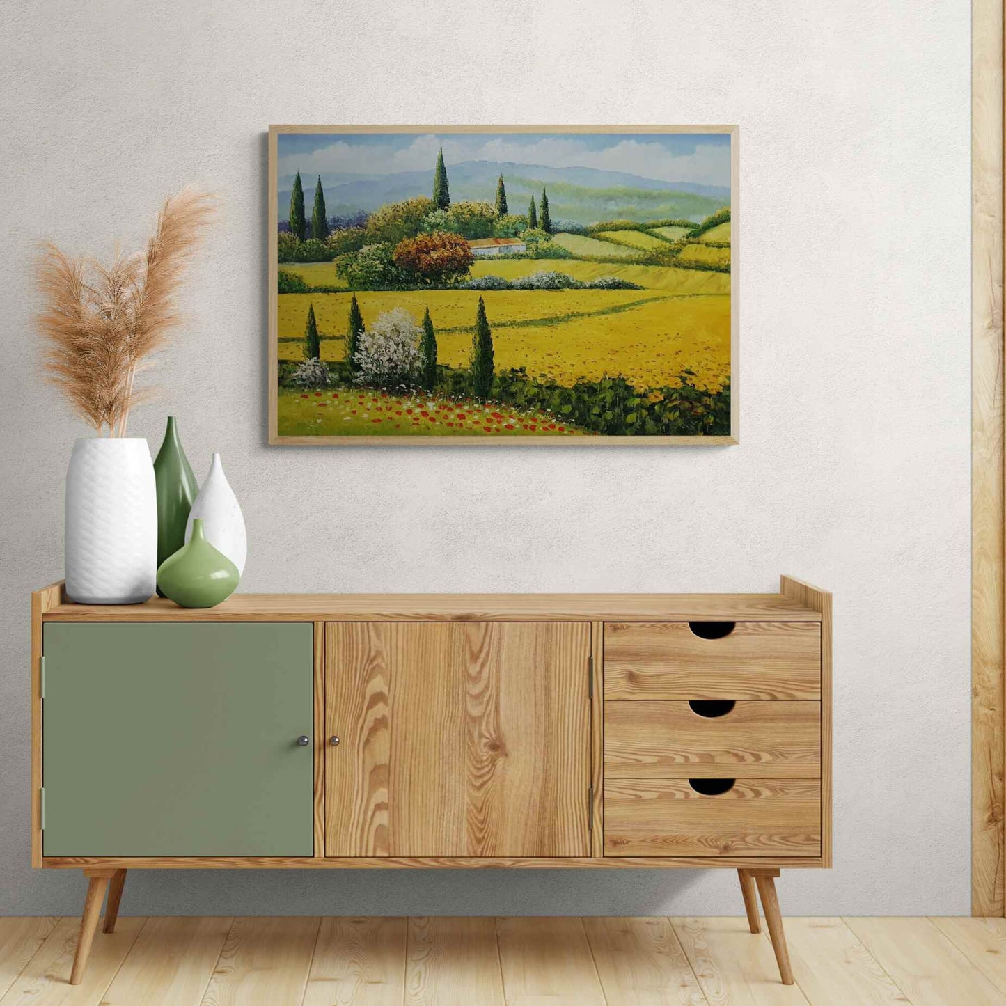 Cuadro al óleo Campos de Girasoles en la Toscana pintado a mano 90x60 cm