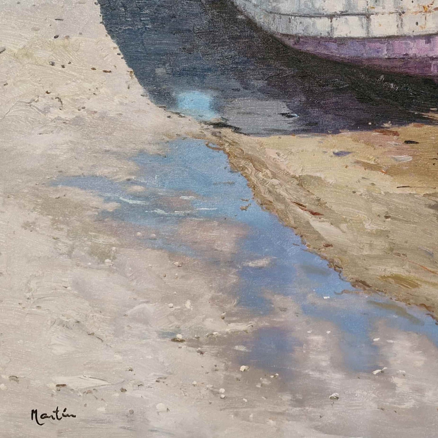 Barco en la Orilla - Cuadro al Óleo Pintado a Mano 90x90 cm
