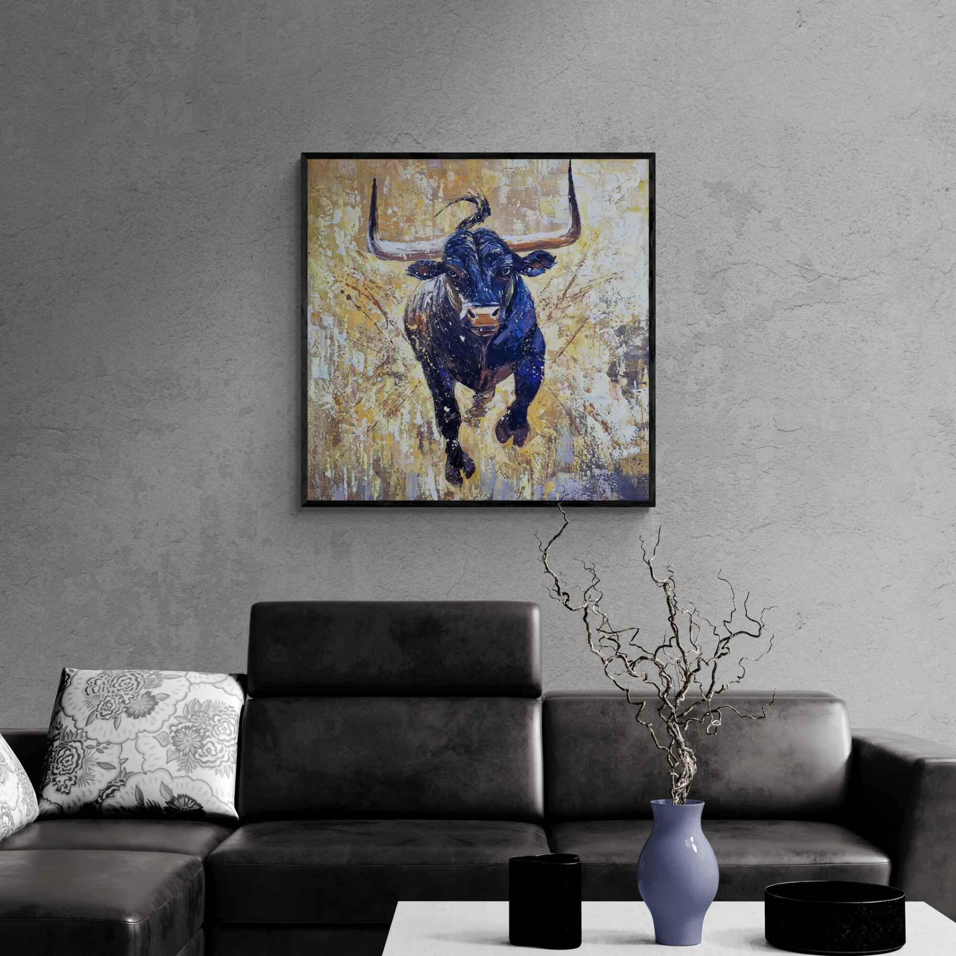 Arte figurativo de toro azul oscuro con cuernos