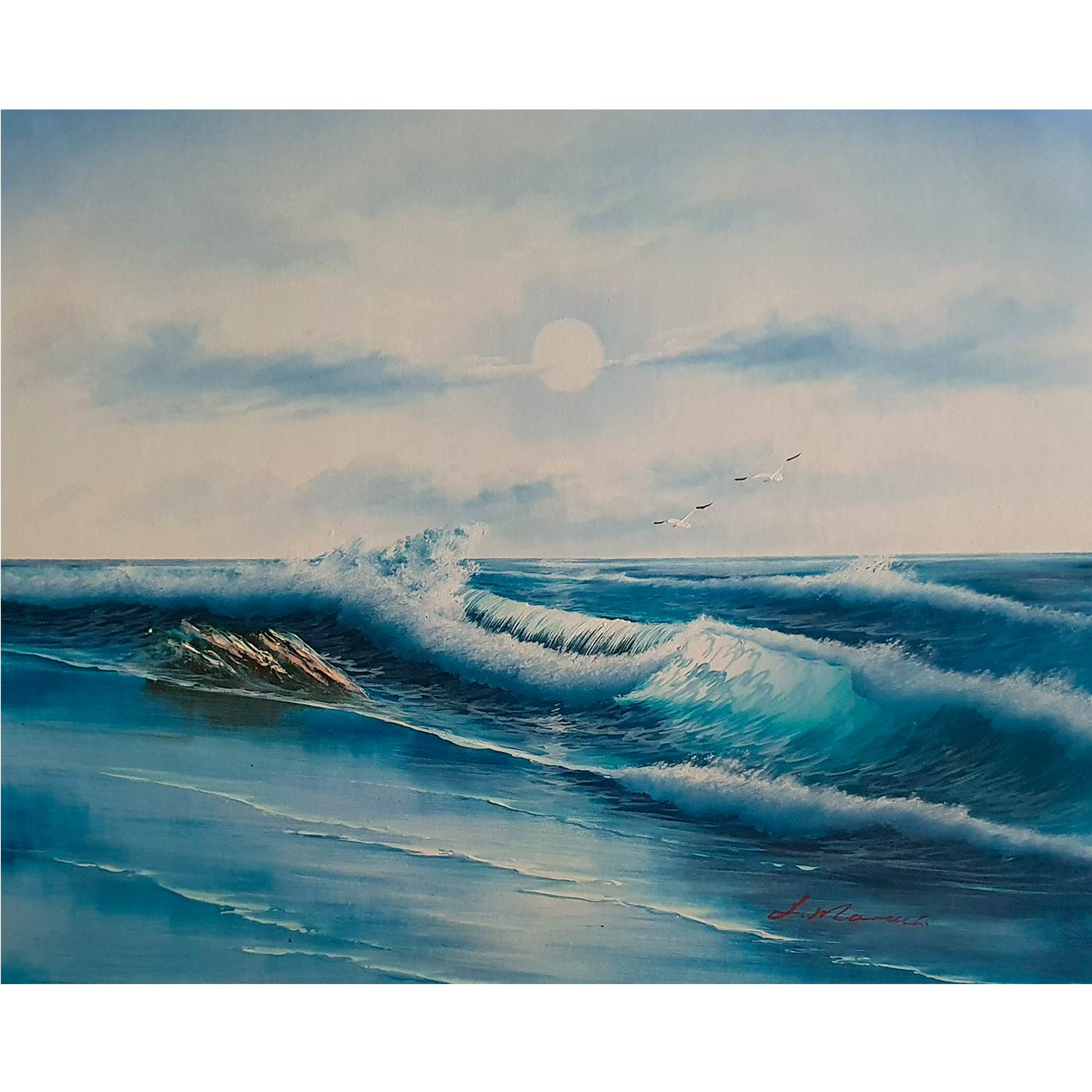 Pintura de olas en movimiento con gaviotas sobrevolando el océano