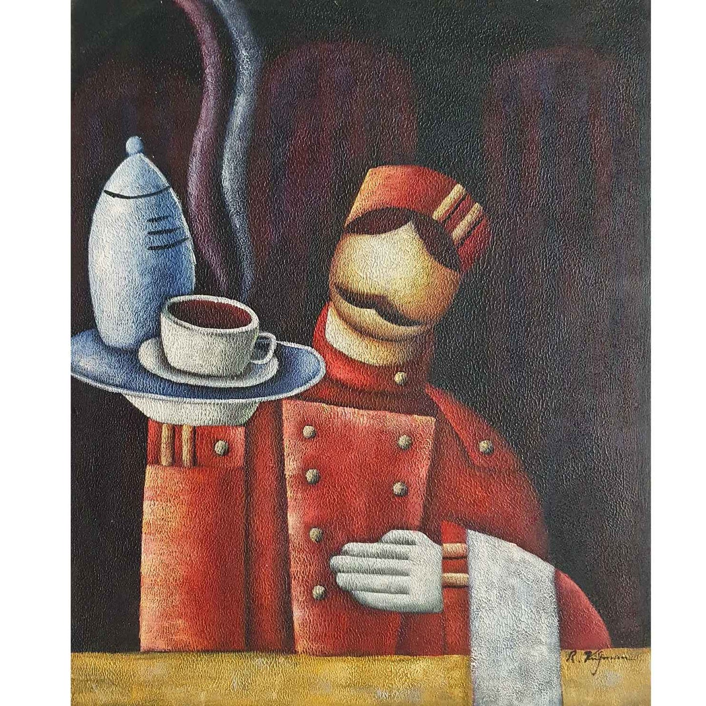 Decoración mural de cocina con chef y camareros en lienzo pintado a mano