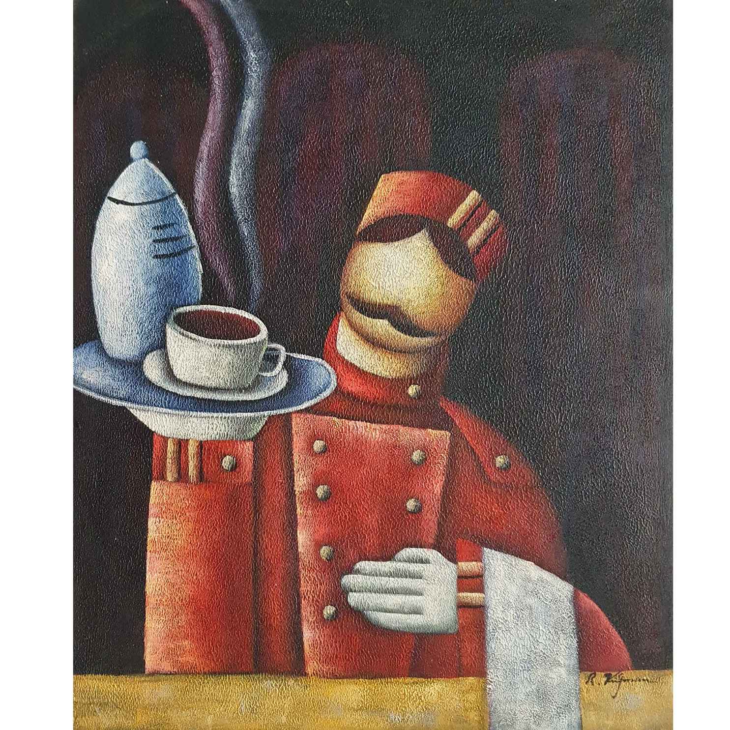 Decoración mural de cocina con chef y camareros en lienzo pintado a mano
