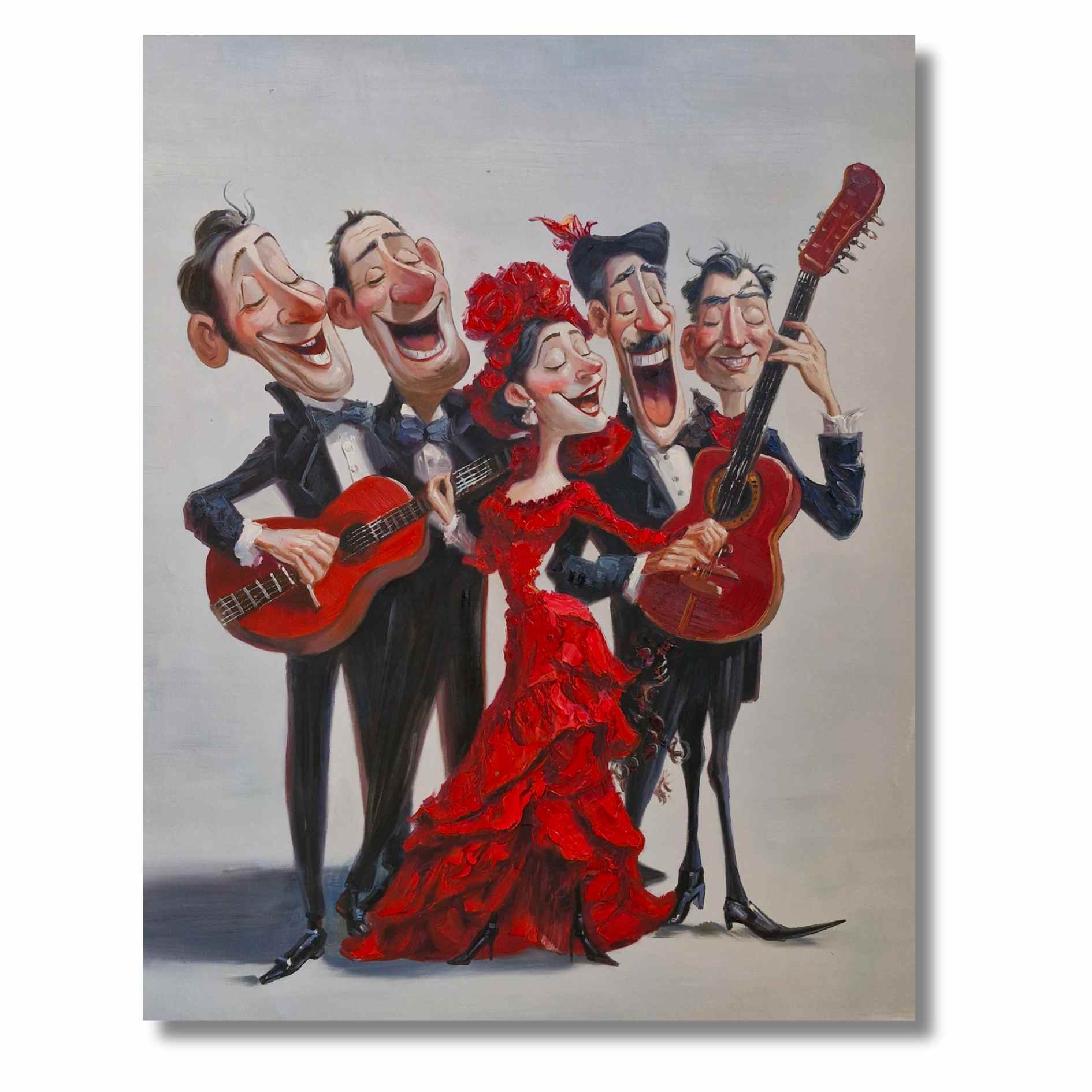 Bailarina flamenca en vestido rojo con guitarristas