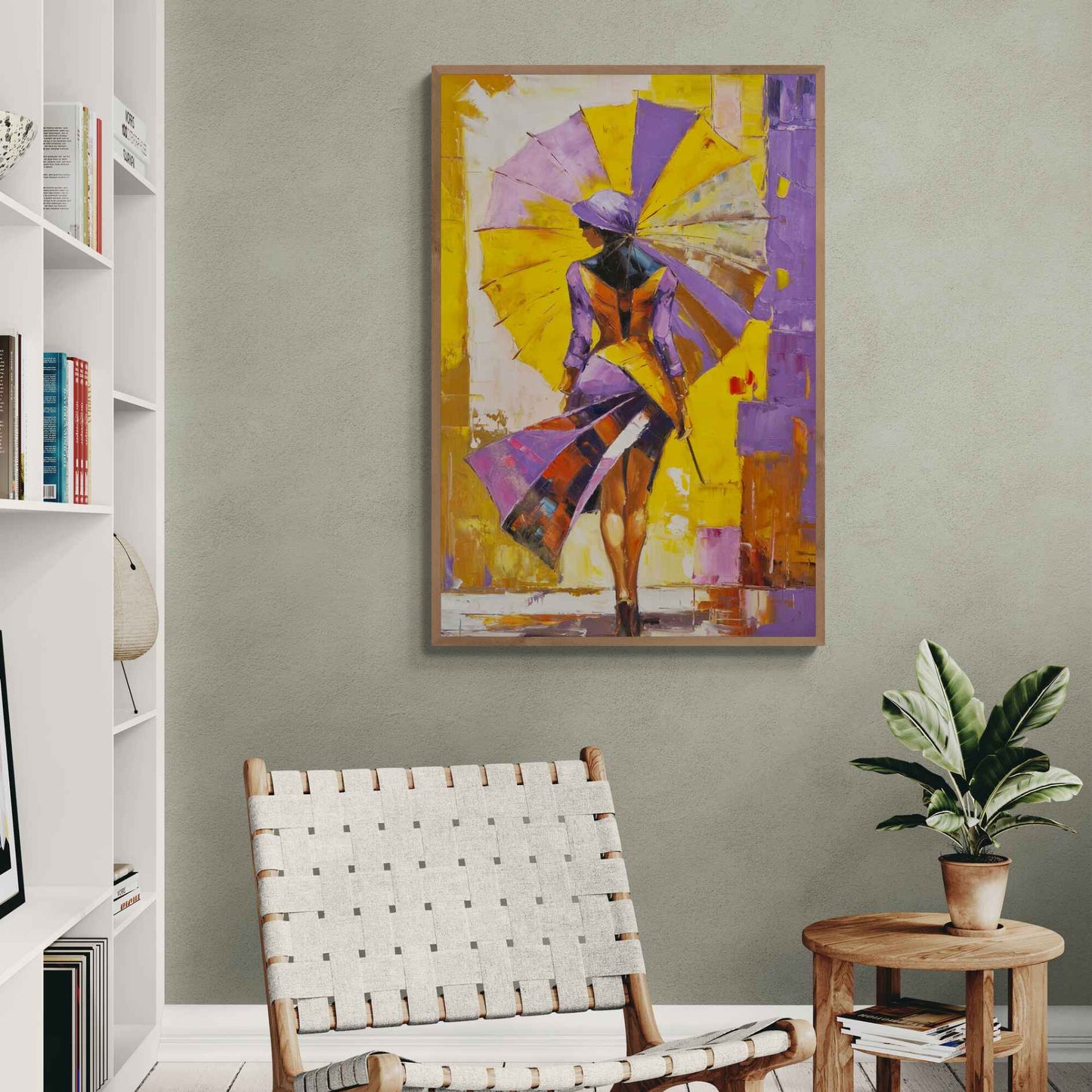Cuadro decorativo con mujer moderna en tonos violeta y amarillo