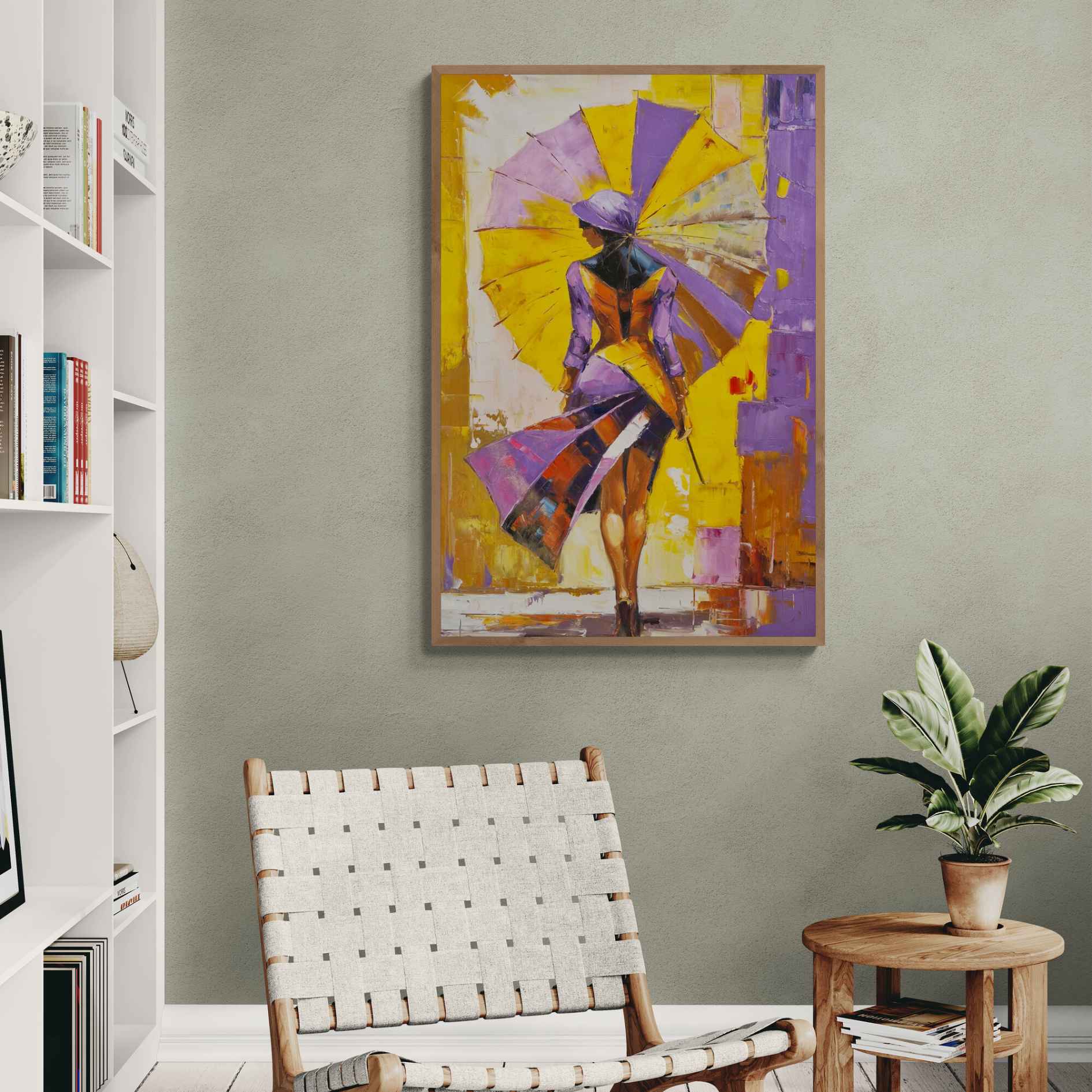 Cuadro decorativo con mujer moderna en tonos violeta y amarillo