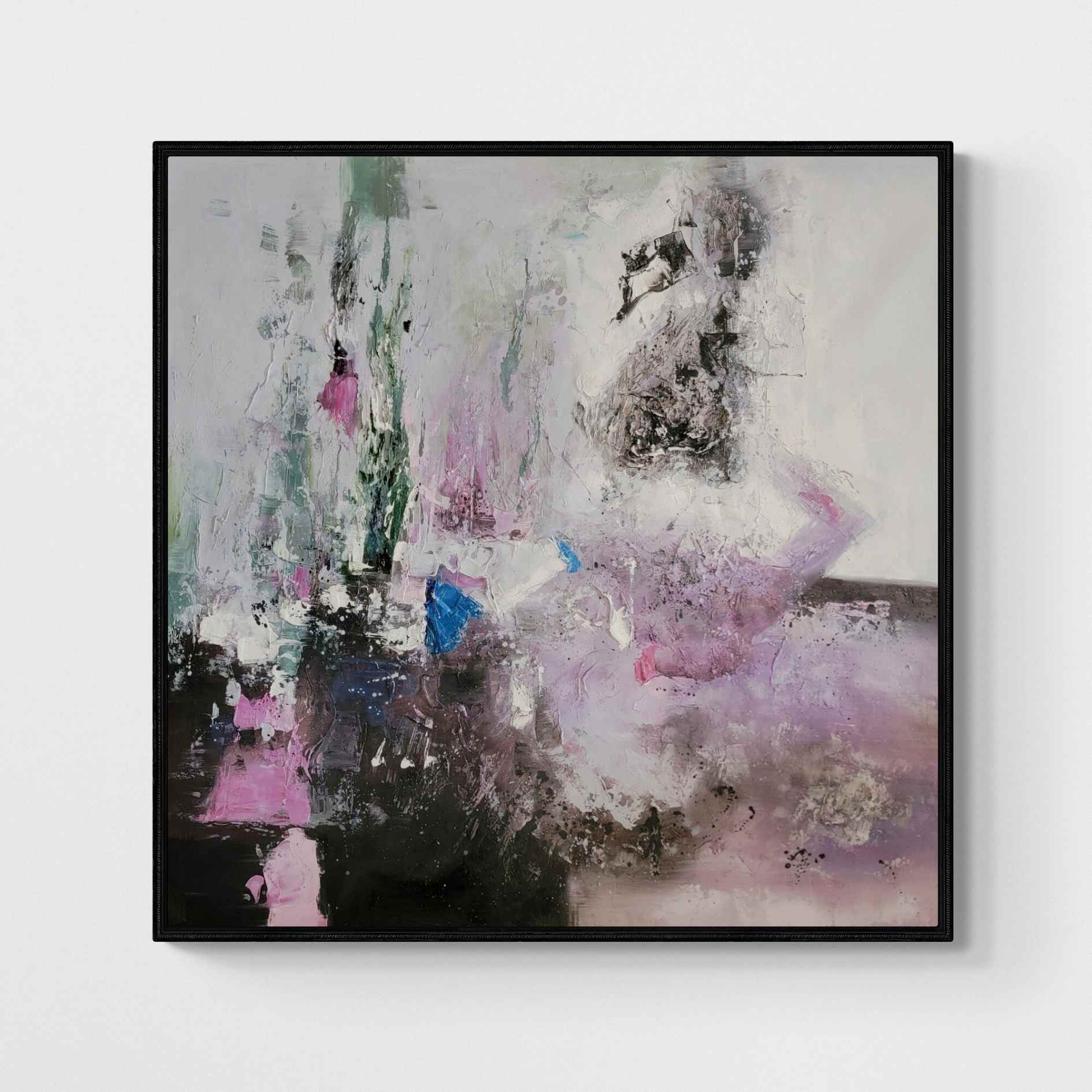 Cuadro abstracto al óleo pintado a mano con tonos azules y dorados para decoración moderna de salón