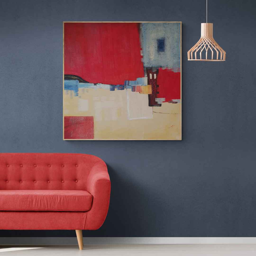 Cuadro abstracto con formas geométricas rojas y azules