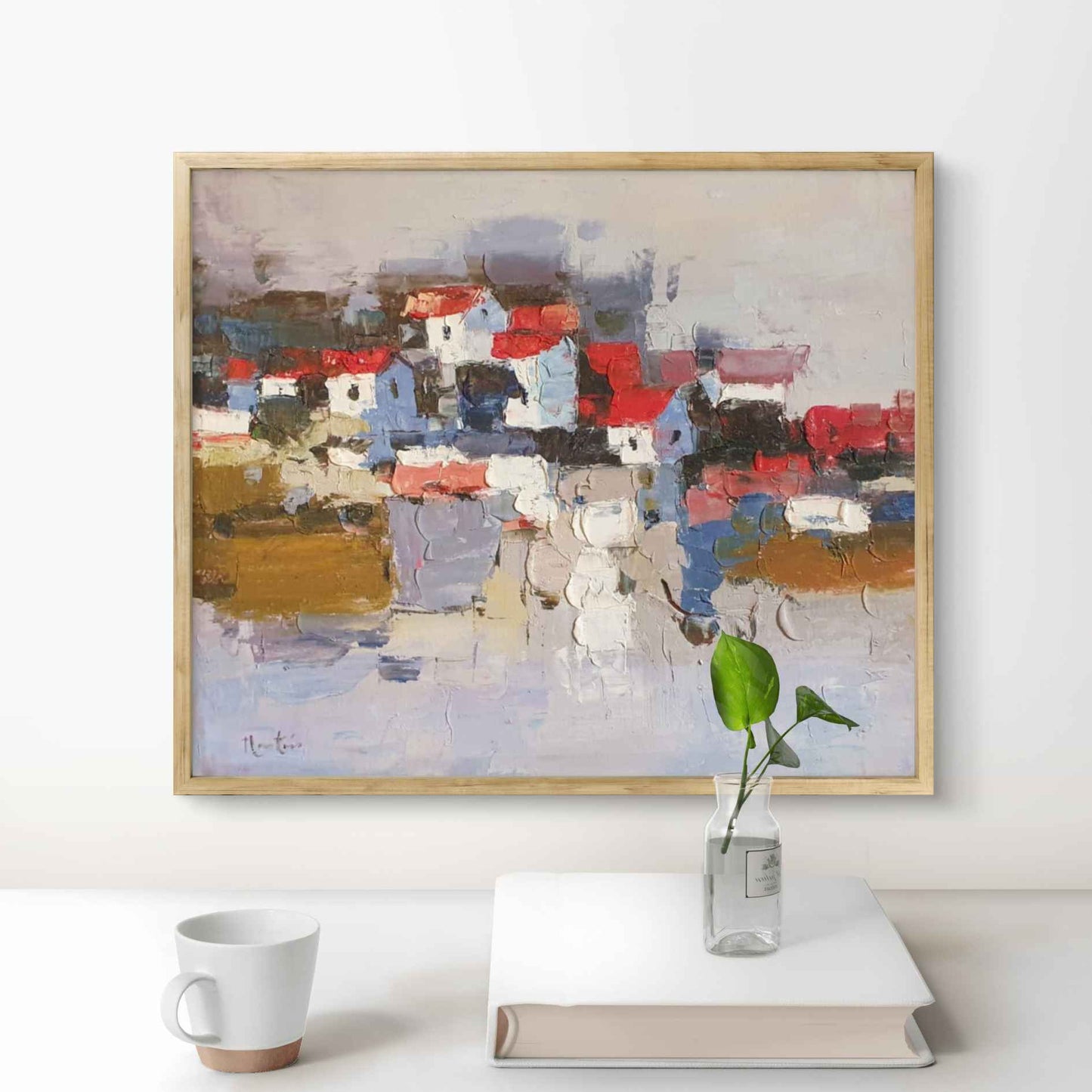 Obra original al óleo con composición de casas reflejadas y efecto visual dinámico