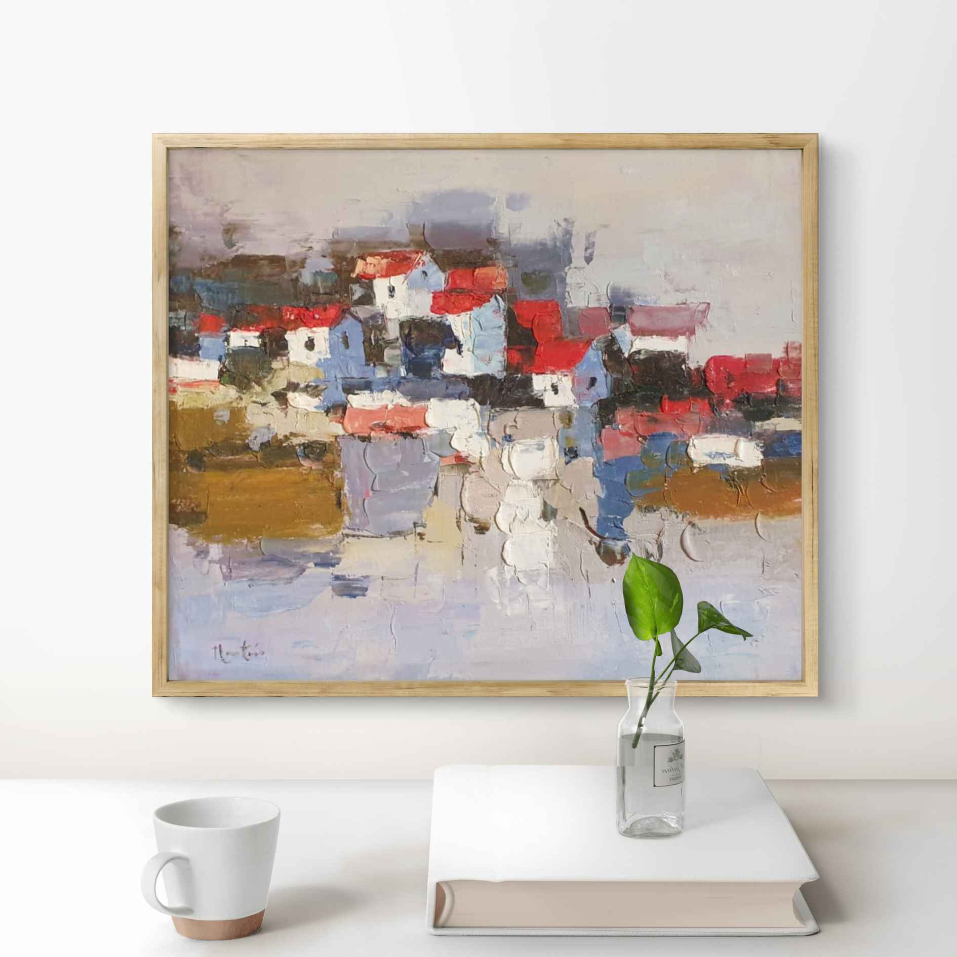Obra original al óleo con composición de casas reflejadas y efecto visual dinámico