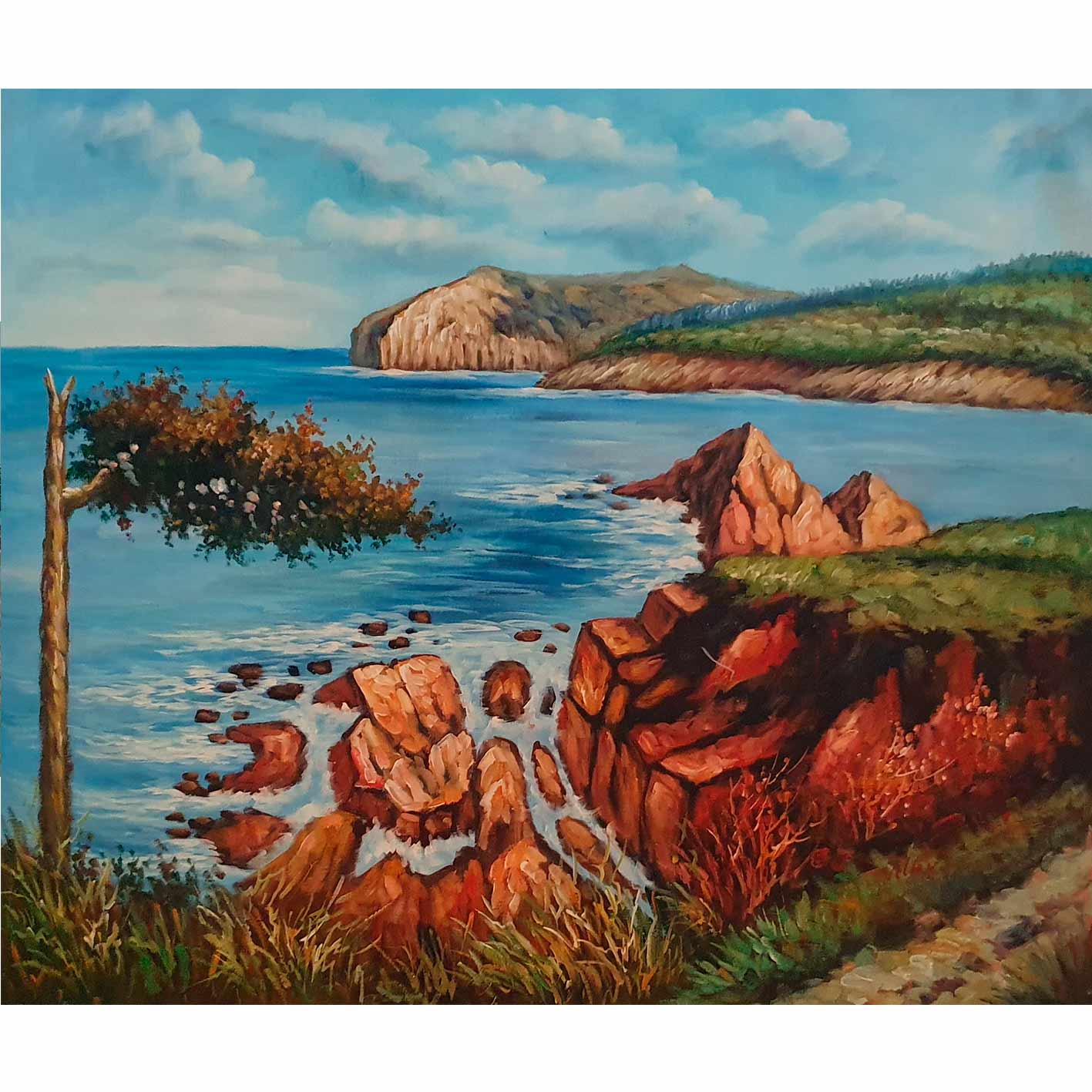 Cuadro de paisaje costero con detalles pintados a mano en óleo