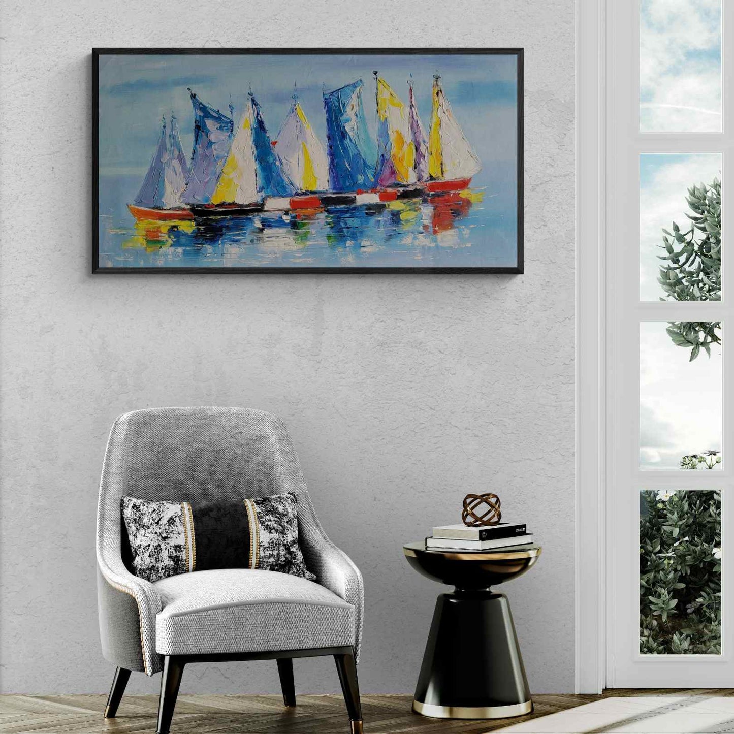 Cuadro Oleo Lienzo Pintura Barcos Colores 120x60 cm