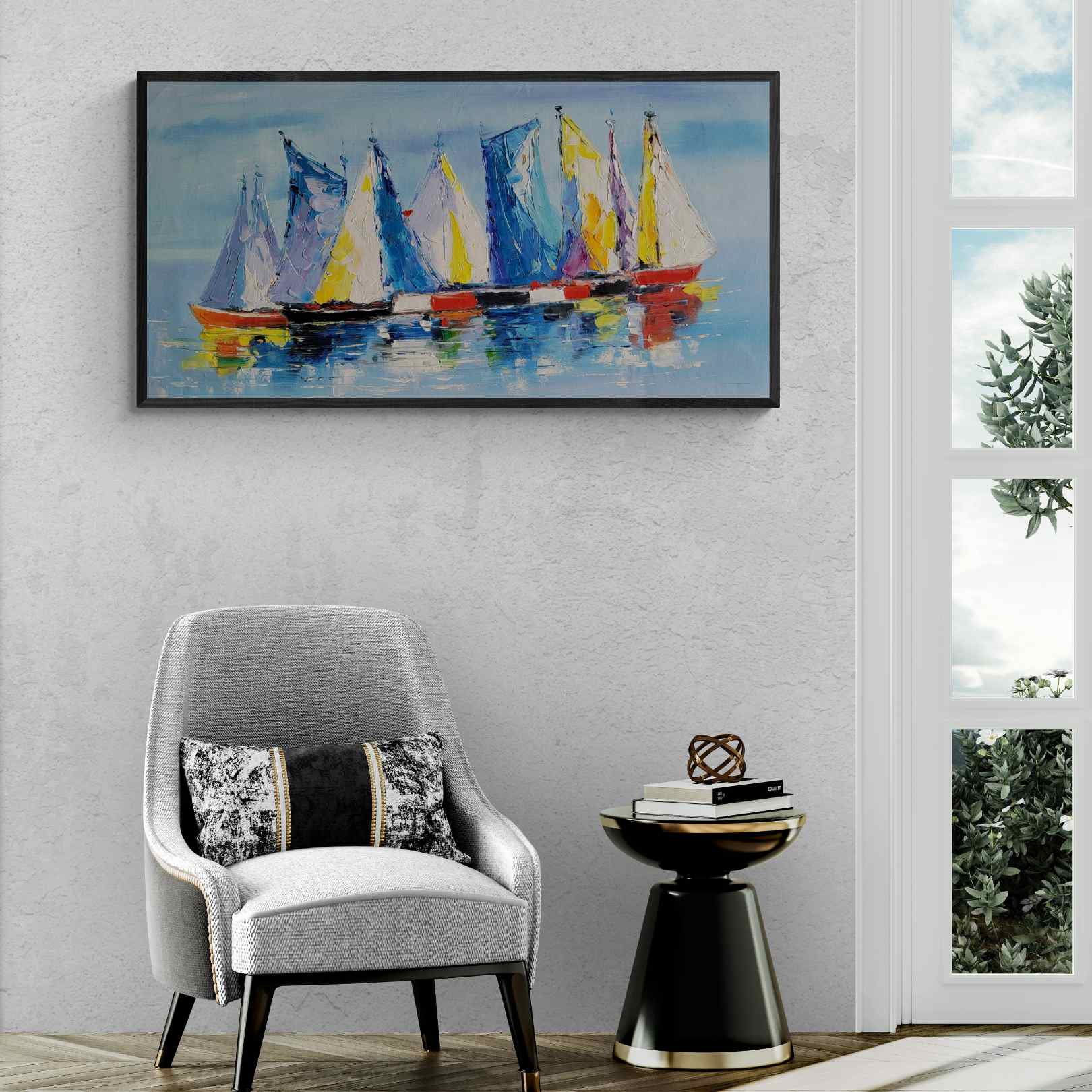 Cuadro Oleo Lienzo Pintura Barcos Colores 120x60 cm