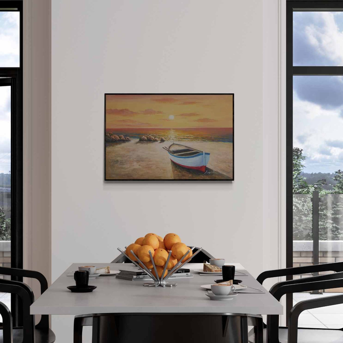 Cuadro Oleo Lienzo Pintura las Barcas, la Playa y el Atardecer 90x60 cm