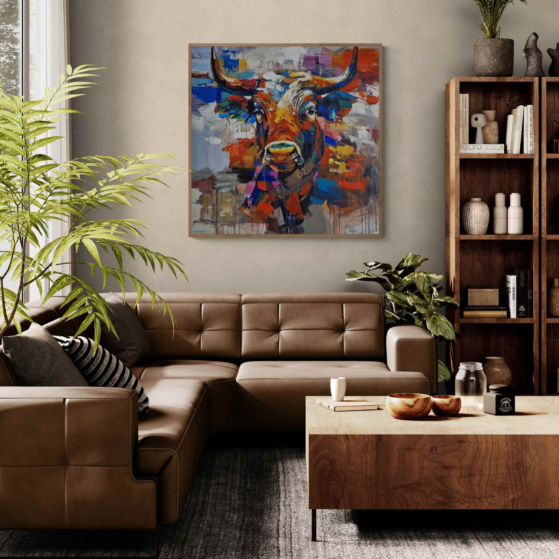 Pintura de toro con técnica mixta y expresión artística moderna