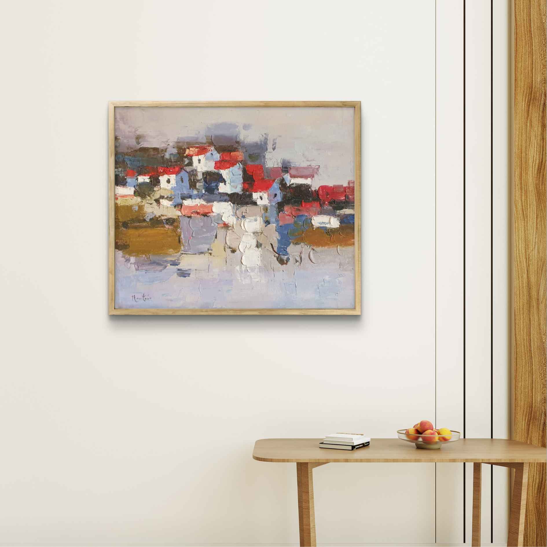 Arte moderno en lienzo con textura gruesa al óleo de pueblo 