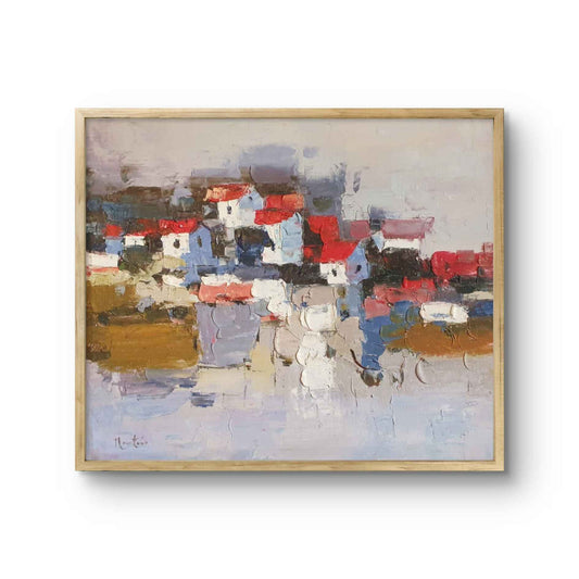 Cuadro abstracto pintado a mano con casas y reflejos