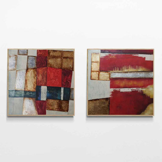 Cuadro díptico abstracto pintado a mano con detalles dorados y plateados