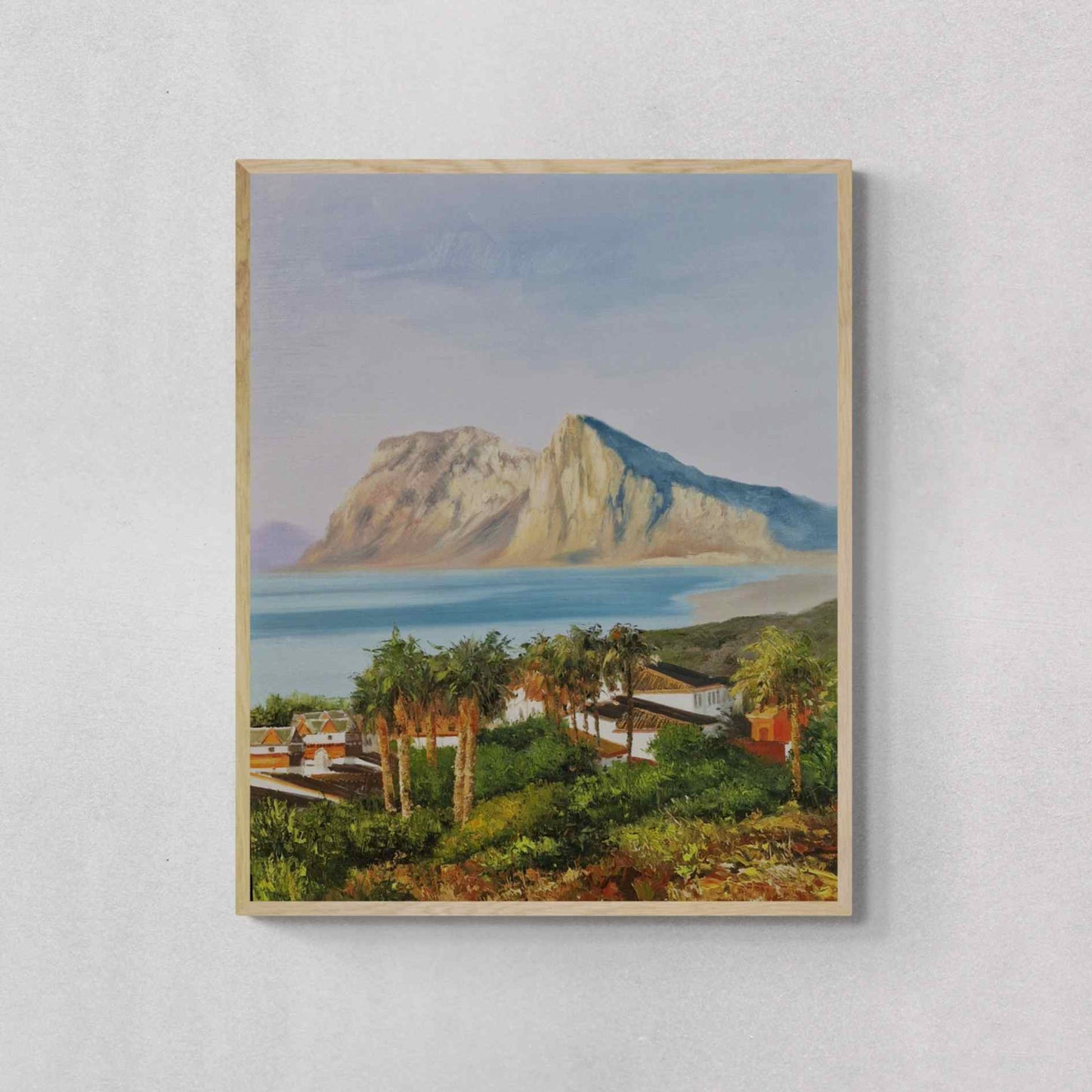 Cuadro al óleo del Peñón de Gibraltar con casas y vegetación