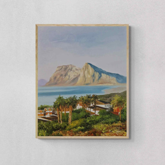 Cuadro al óleo del Peñón de Gibraltar con casas y vegetación